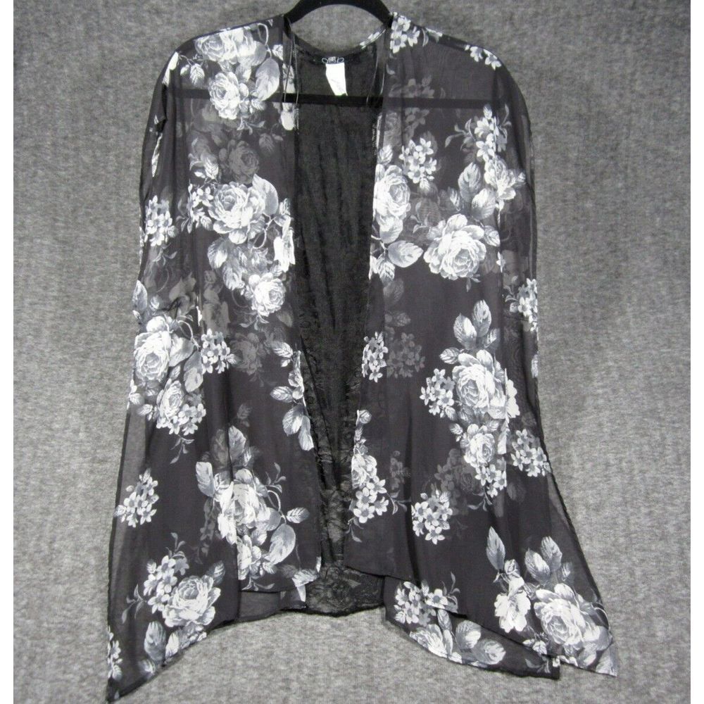 Vtg Deb Sheer Vest Womens‎ L/XL Black Gray Dark Floral Lace Shark Bite Hem Flowy